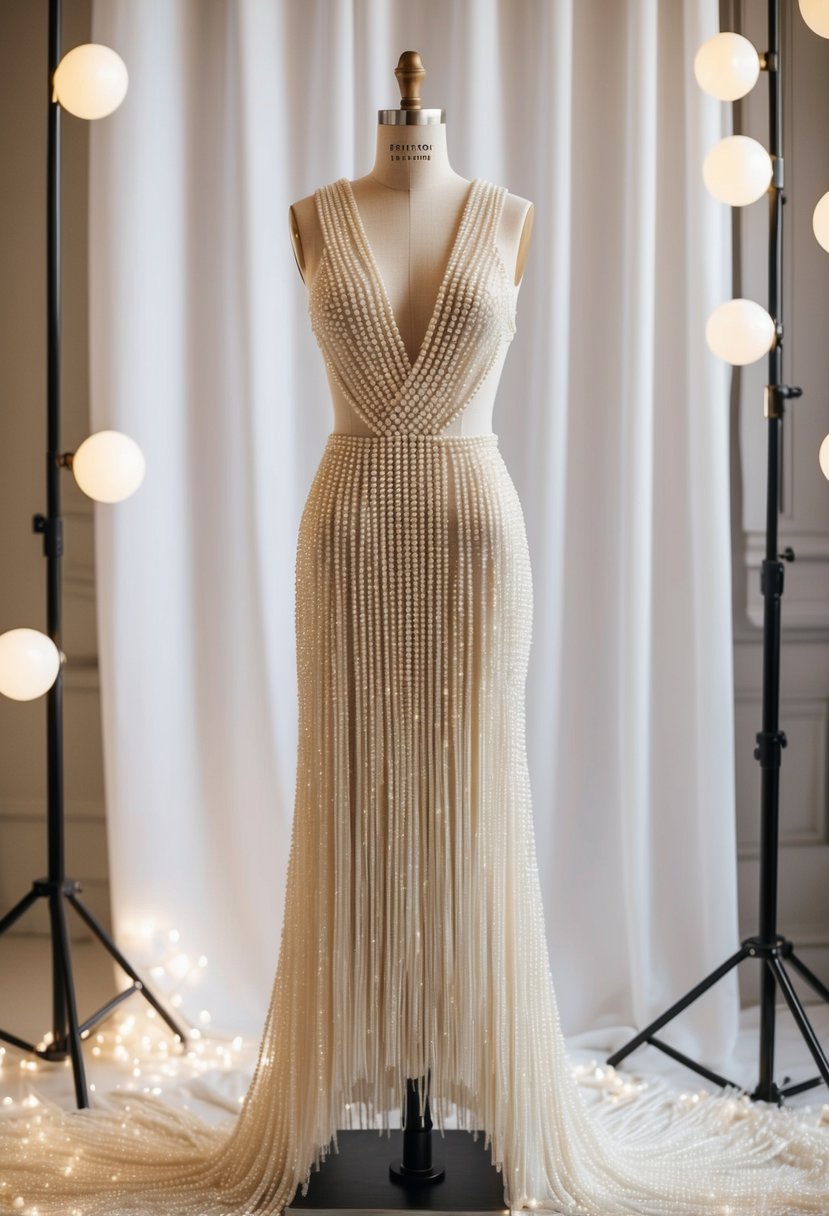 A modern pearl fringe gown on a mannequin, surrounded by soft lighting and luxurious fabric draping