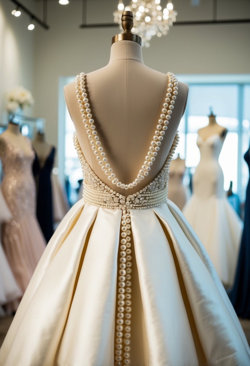 An elegant oversized pearl open back dress hanging on a mannequin in a softly lit bridal boutique