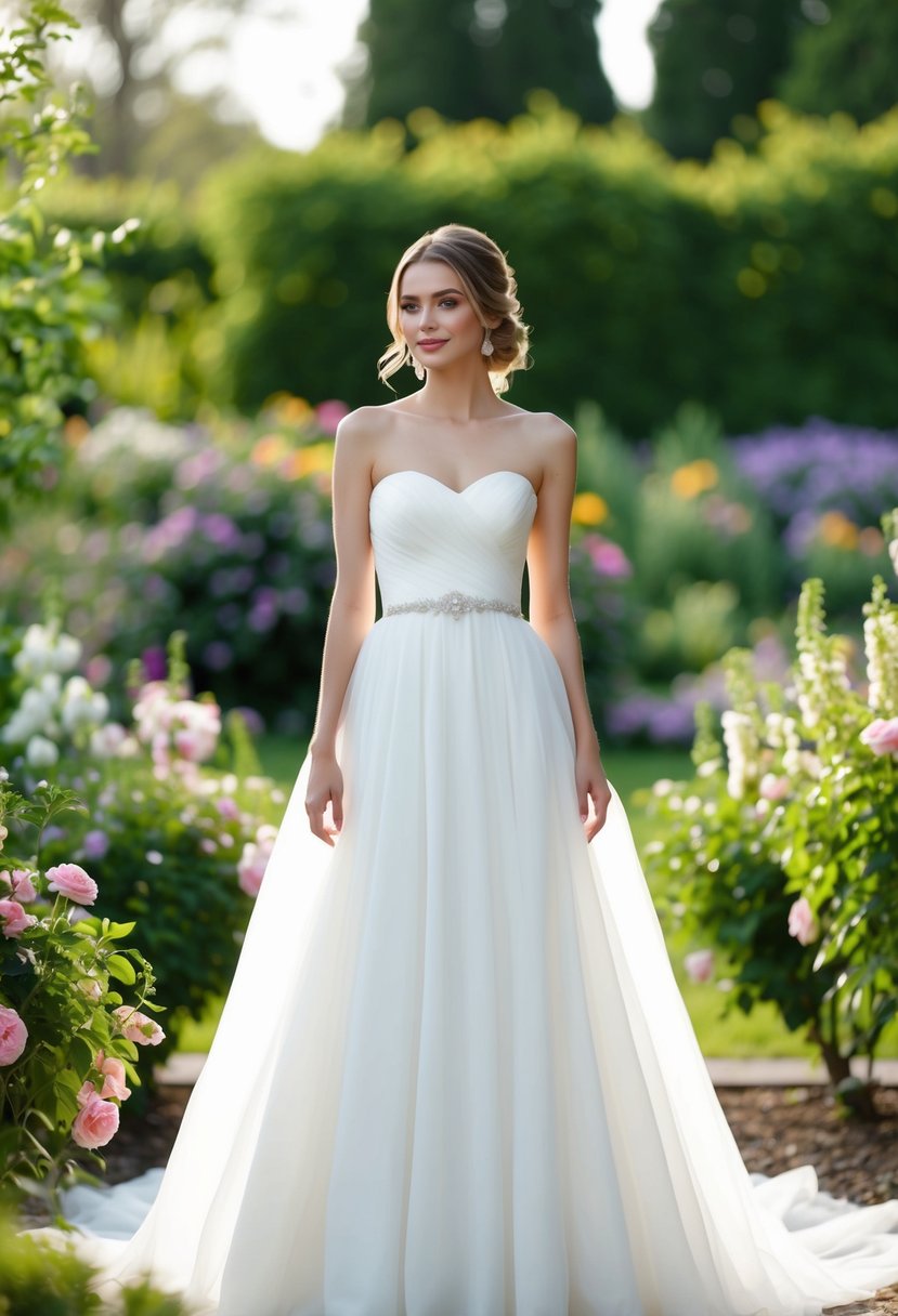 A bride in a flowing strapless wedding dress stands in a garden, surrounded by blooming flowers and greenery, with a soft, romantic atmosphere