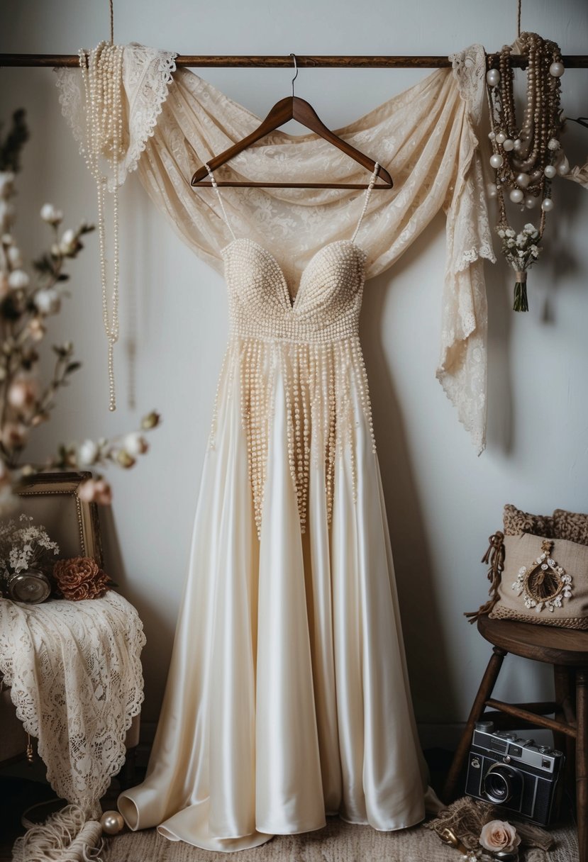 A flowing pearl gown hangs from a rustic wooden hanger, surrounded by vintage lace and bohemian accessories