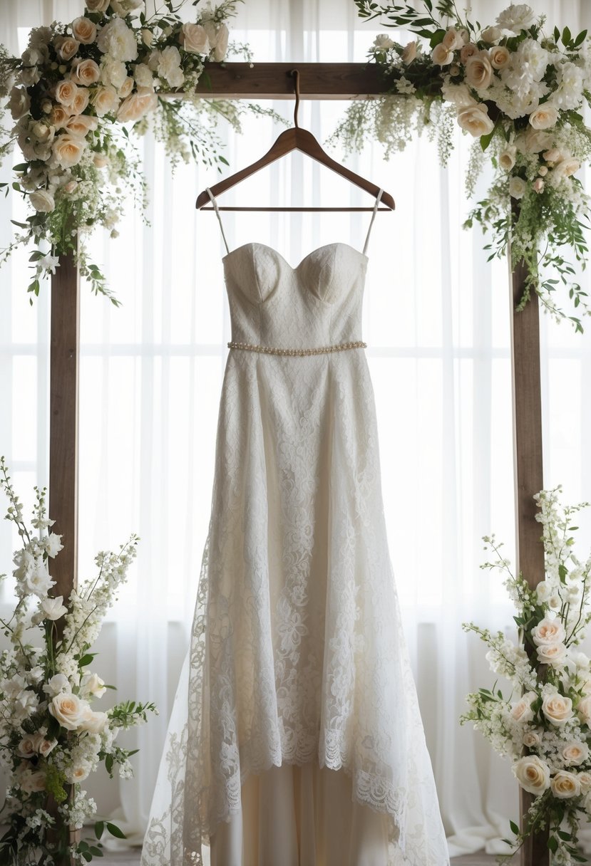 A lace-draped strapless wedding dress hangs on a vintage wooden hanger, surrounded by delicate floral arrangements and soft, romantic lighting