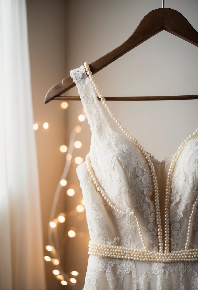 A pearl-detailed lace dress hanging on a vintage wooden hanger, surrounded by soft, romantic lighting