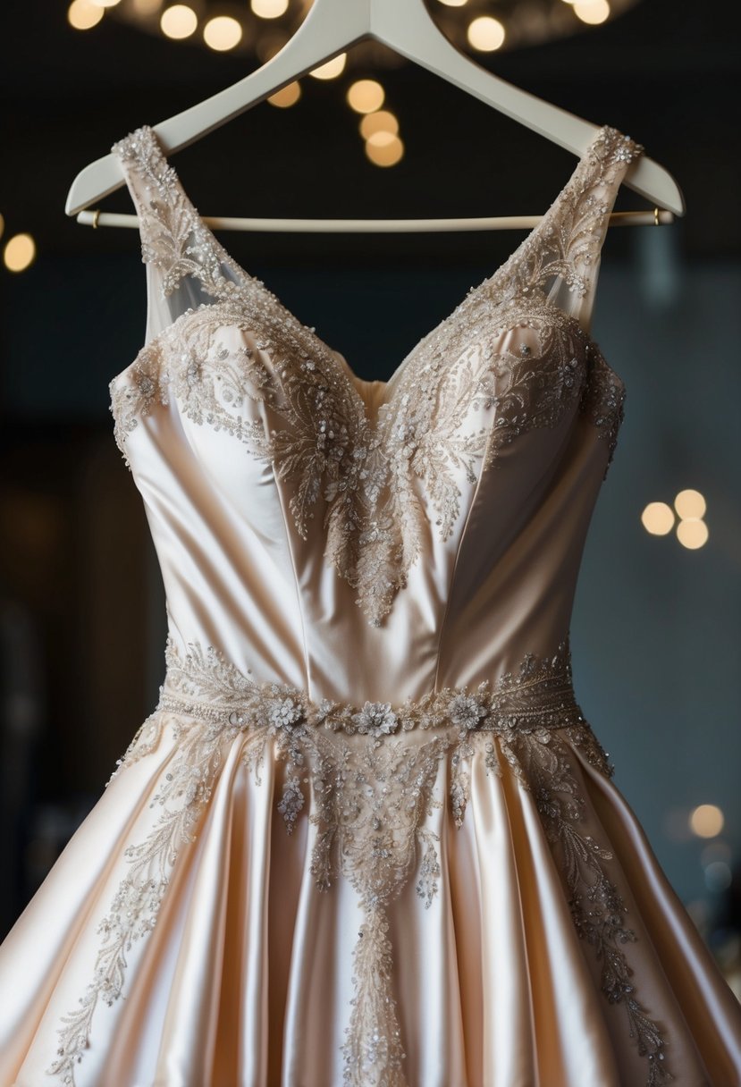 A satin glamour gown hangs on a dress form, adorned with delicate lace and shimmering beadwork