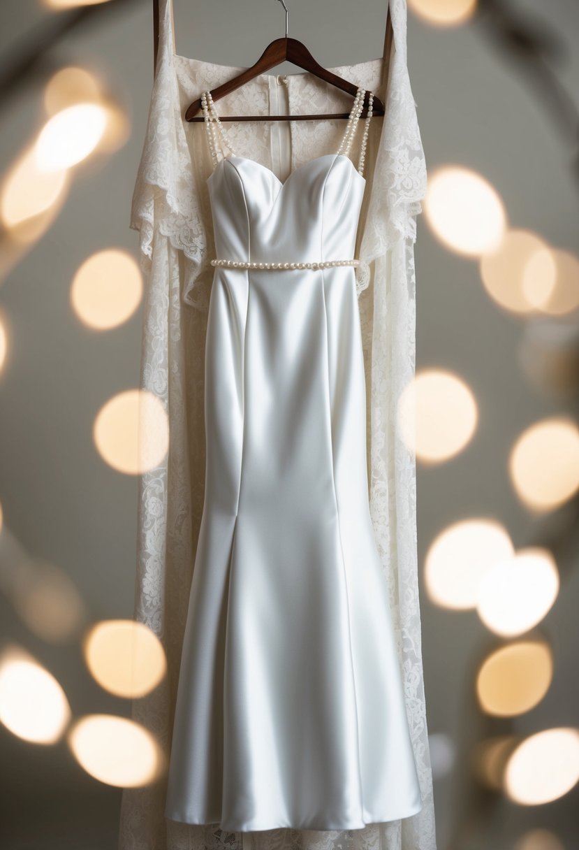 A satin sheath wedding dress with pearl straps hangs on a vintage wooden hanger, surrounded by soft lighting and delicate lace details