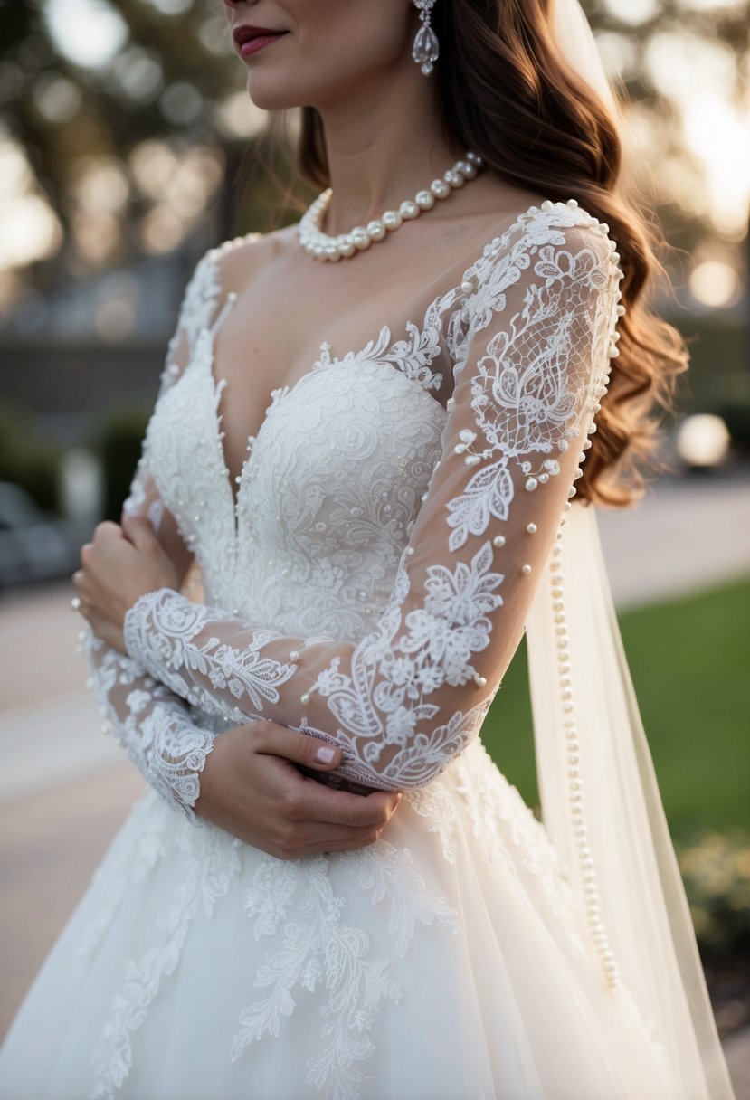 A bridal gown with delicate, long lace sleeves adorned with pearls and intricate detailing