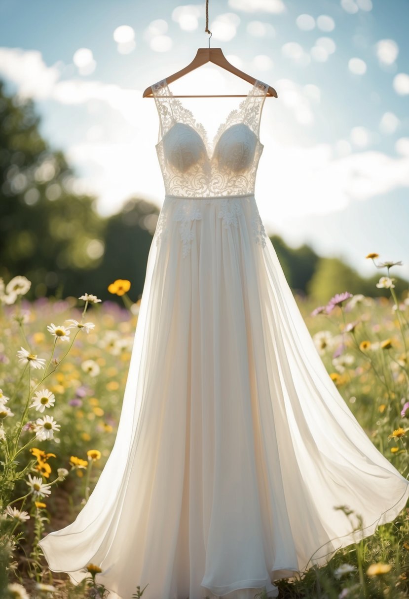 A flowing chiffon wedding dress adorned with delicate lace, set against a backdrop of wildflowers and soft, dappled sunlight