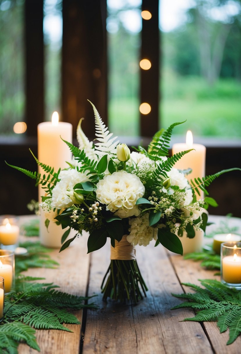 A white and green wedding bouquet sits on a rustic wooden table, surrounded by delicate ferns and soft candlelight