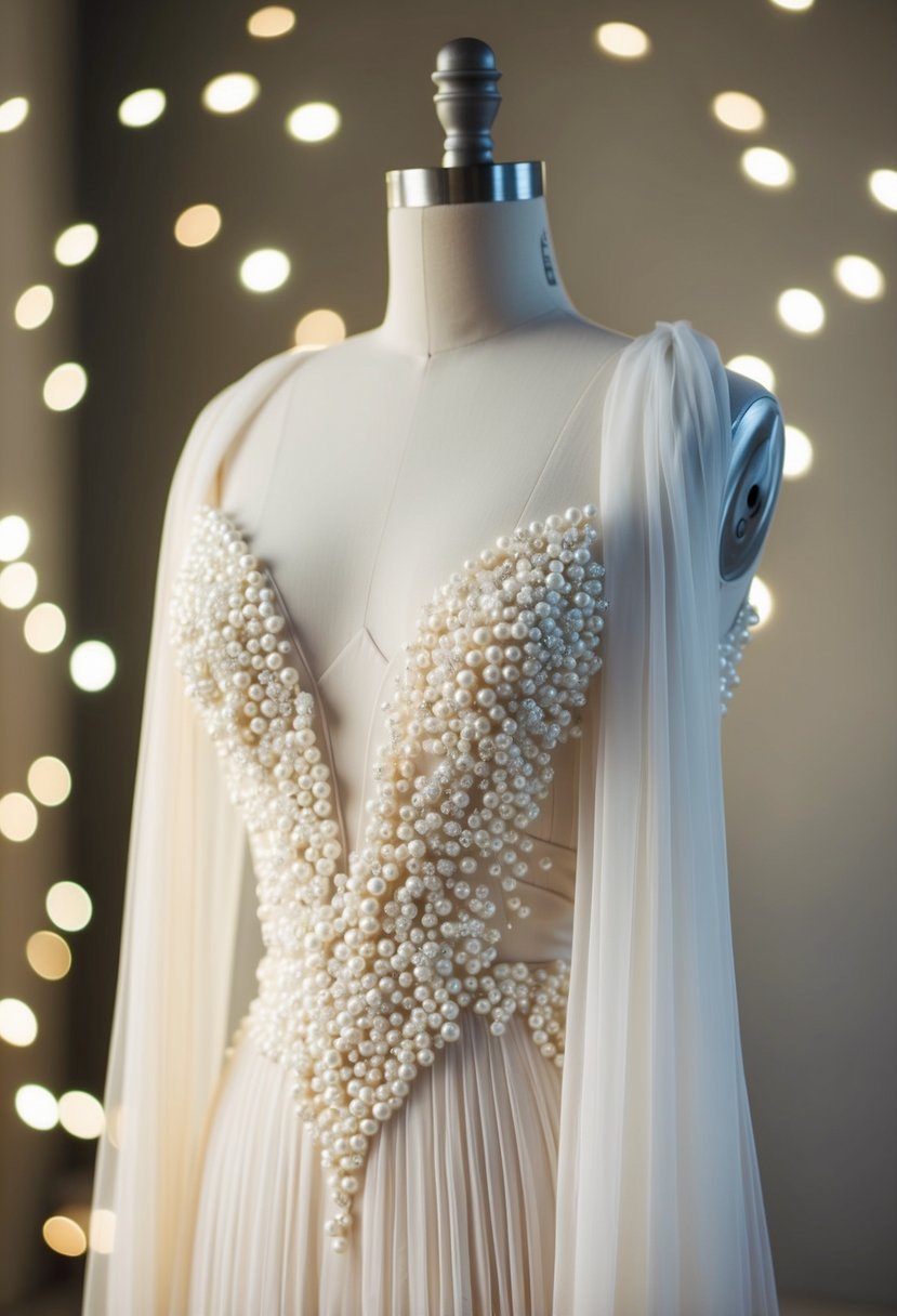 A soft, ethereal pearl appliqué dress drapes over a delicate mannequin, catching the light in a romantic setting