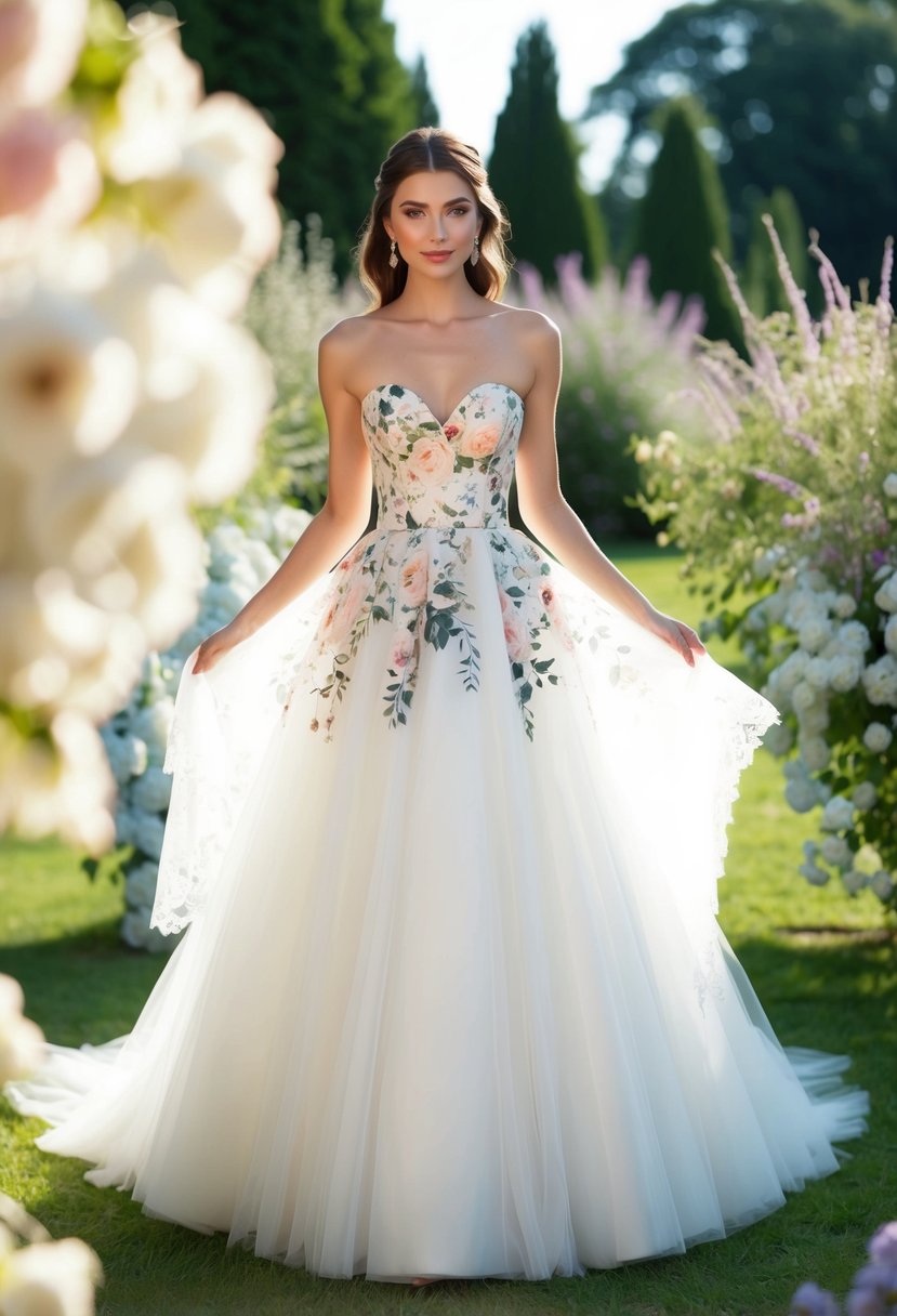 A bride stands in a garden wearing a strapless wedding dress with floral patterns, surrounded by tulle and delicate lace details