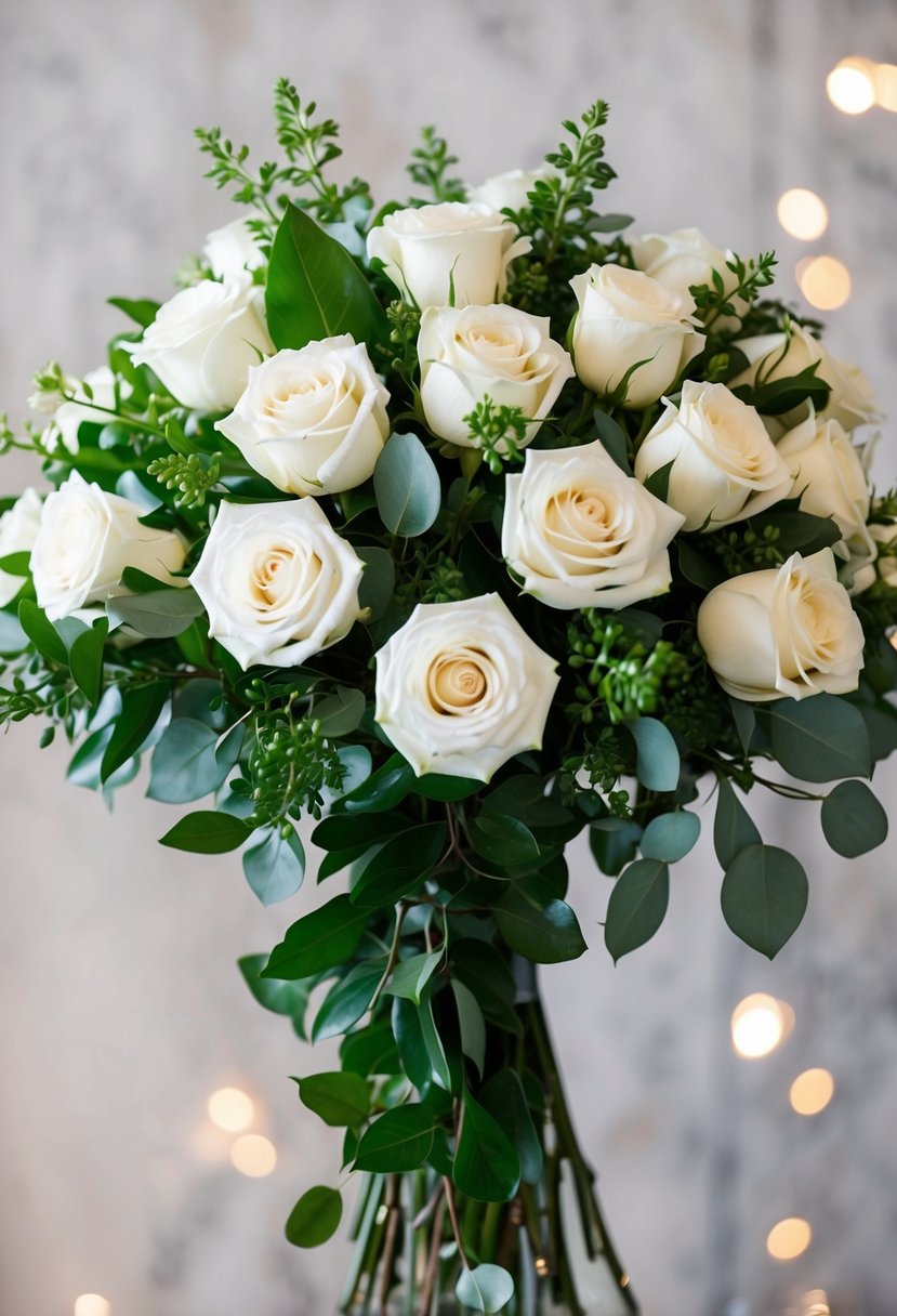 A bouquet of classic white roses and greenery arranged in a cascading style