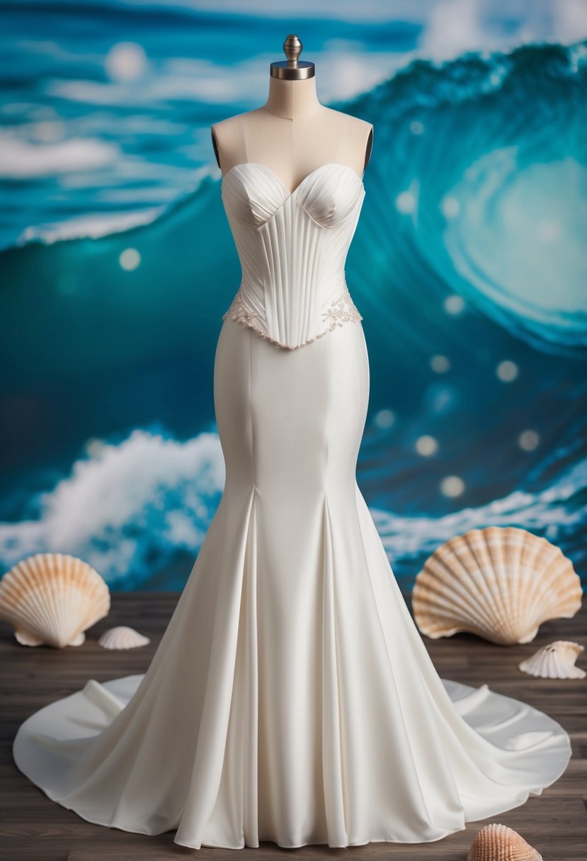 A mermaid silhouette wedding dress with a corseted bodice, flowing fabric, and a strapless neckline, set against a backdrop of ocean waves and seashells