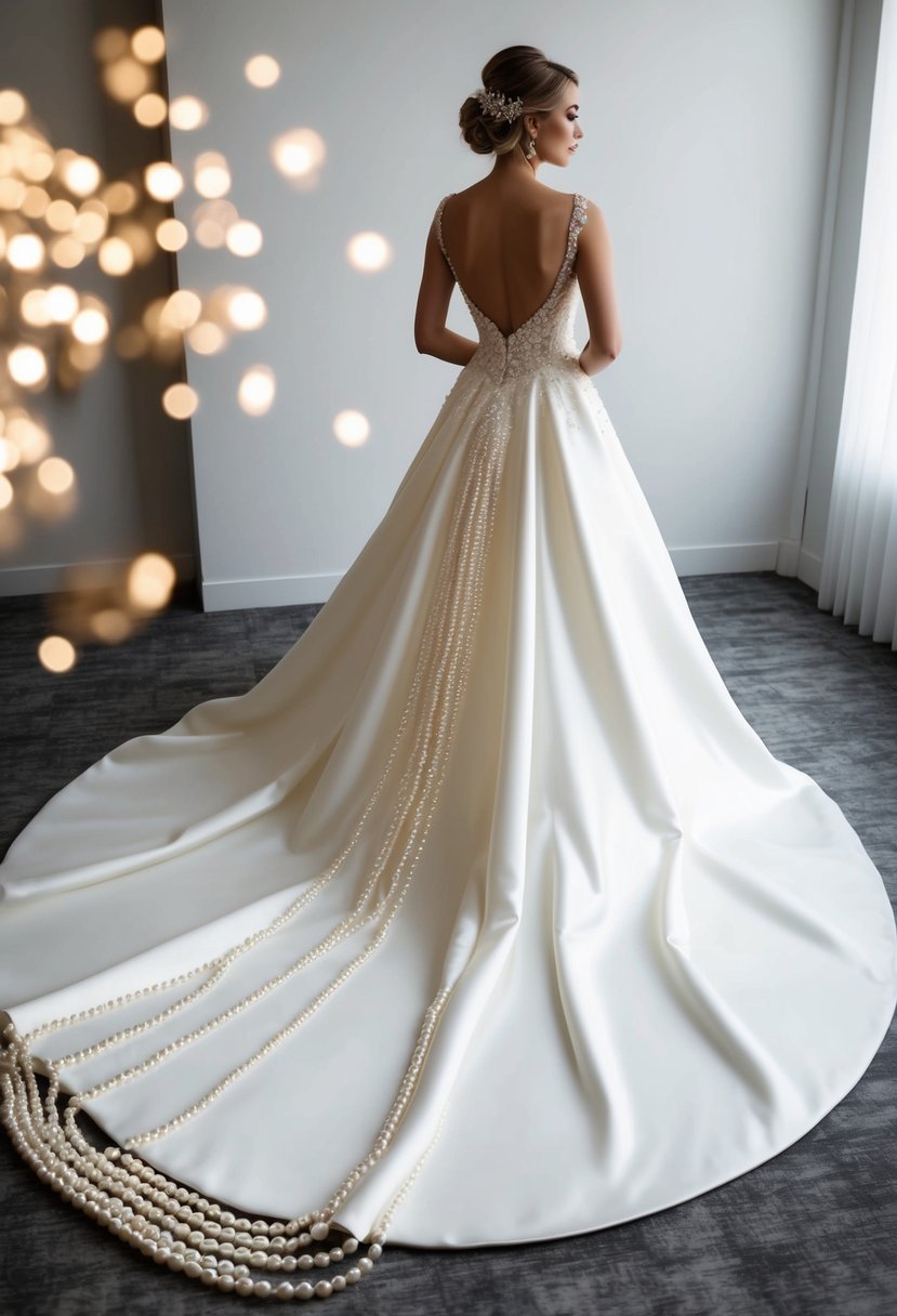 A stunning wedding dress with a long, flowing train adorned with shimmering pearls cascading down the back