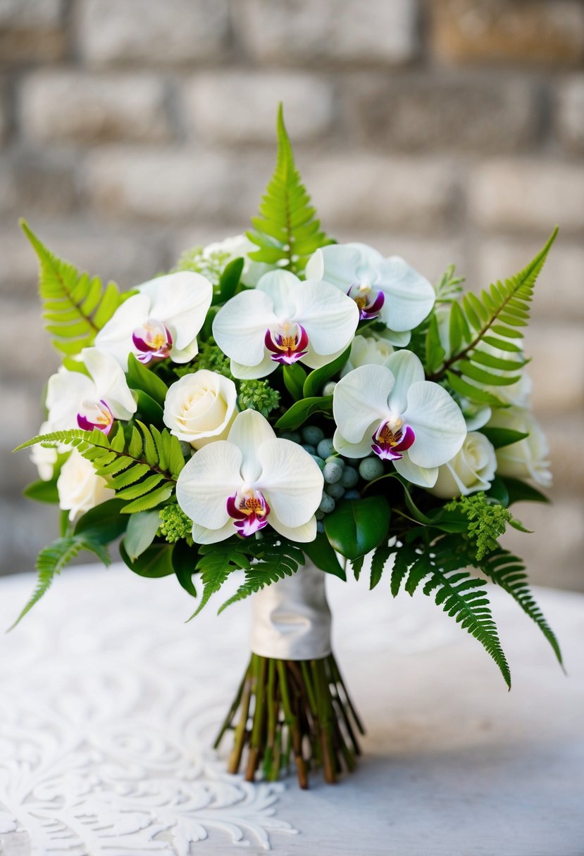 A white and green wedding bouquet with minty orchids and ferns