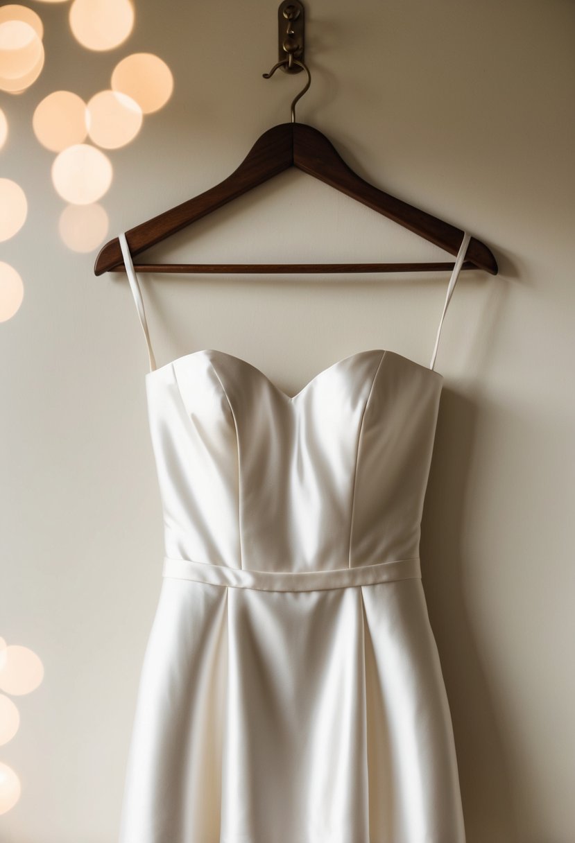 A satin classic strapless wedding dress hangs on a vintage wooden hanger, bathed in soft, natural light