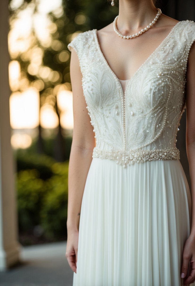 A white, floor-length wedding dress with a delicately embroidered bodice adorned with glistening pearls