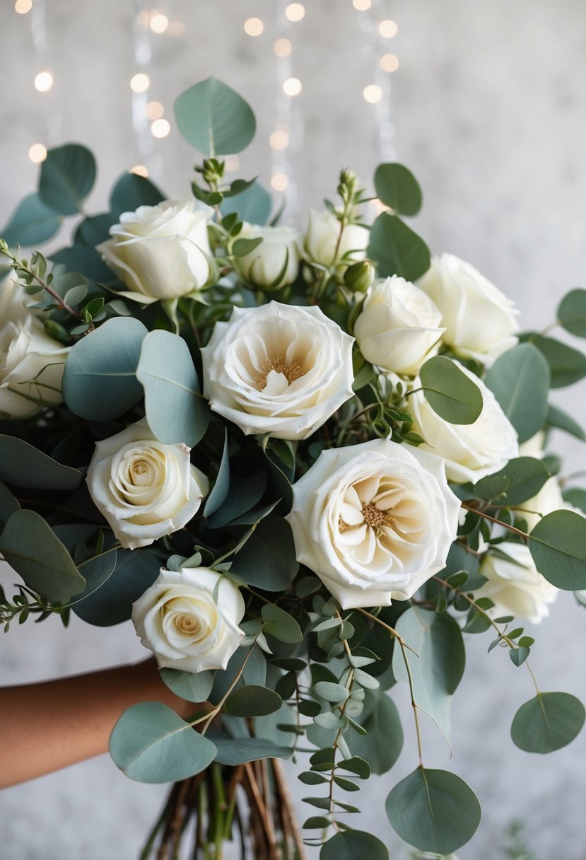 A lush bouquet of cascading white roses and eucalyptus leaves