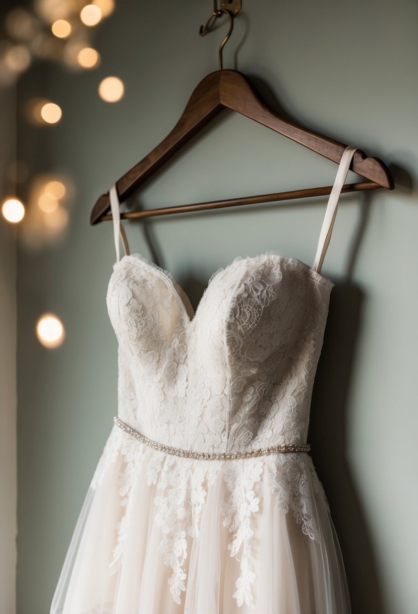 A lace sweetheart strapless wedding dress hanging on a vintage wooden hanger in a soft, romantic lighting