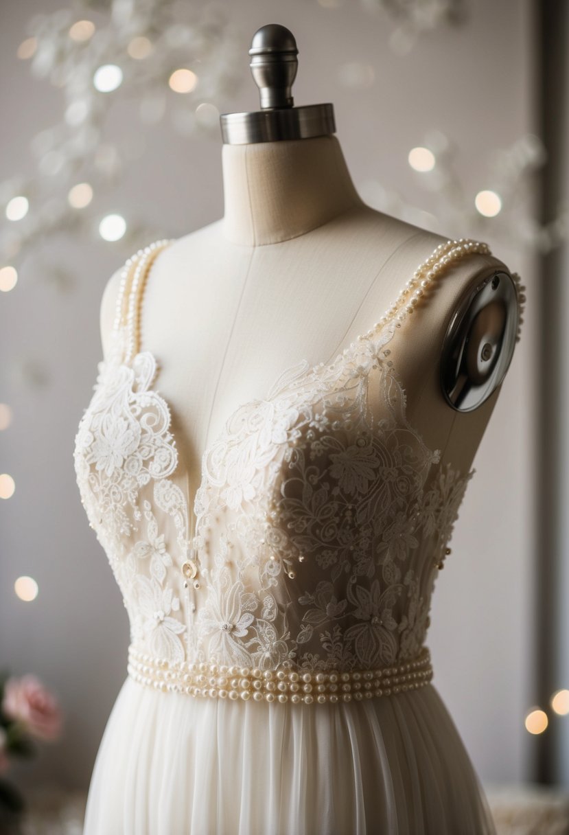 A delicate lace and pearl-adorned wedding dress displayed on a mannequin