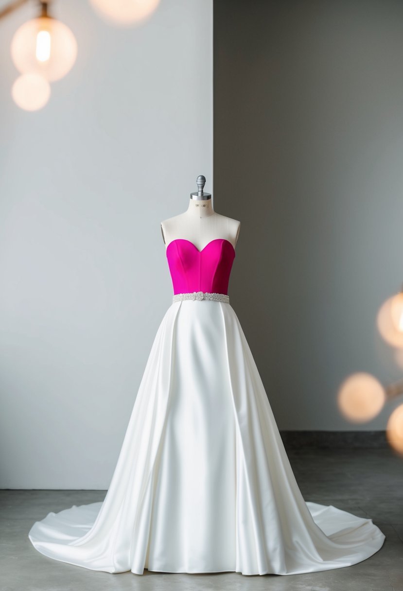 A strapless wedding dress with bold color accents, set against a minimalist backdrop, with soft lighting to highlight the vibrant details