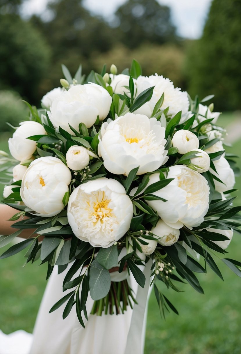 A lush bouquet of creamy peonies and olive leaves cascading in a white and green wedding bouquet