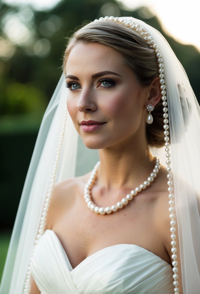 A bride in a pearl wedding dress with a subtle pearl-accented veil