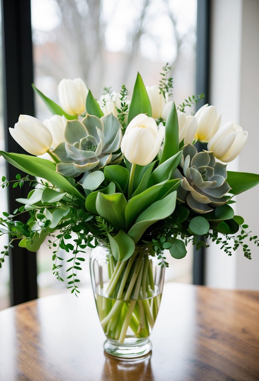 A white and green wedding bouquet with ivory tulips and succulent foliage, elegantly arranged in a glass vase