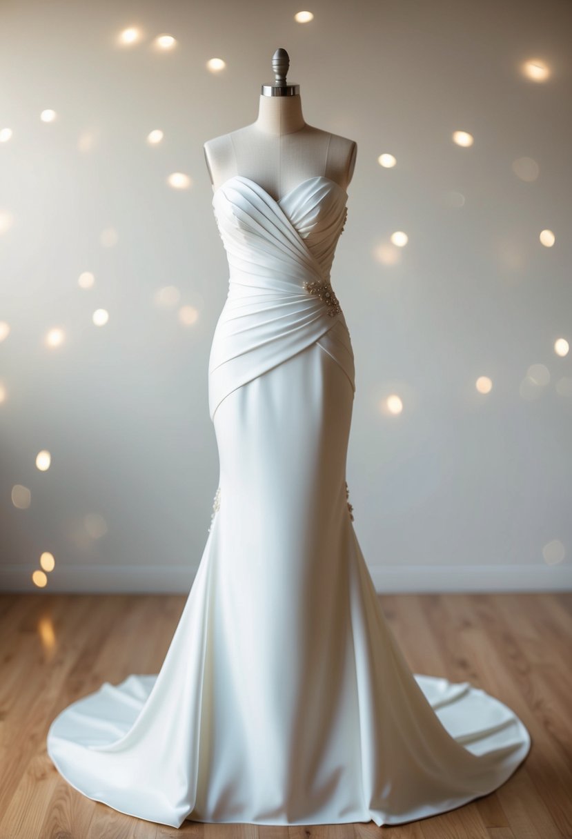 A sleek, modern strapless wedding dress with elegant draping and a fitted silhouette, adorned with minimalist details like delicate beading or lace accents