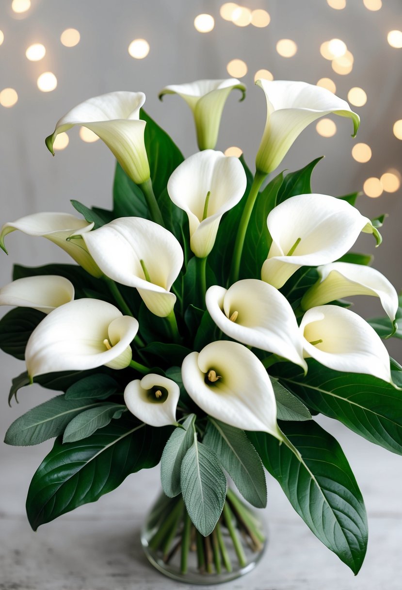 A bouquet of white calla lilies and sage leaves arranged in a natural and elegant composition