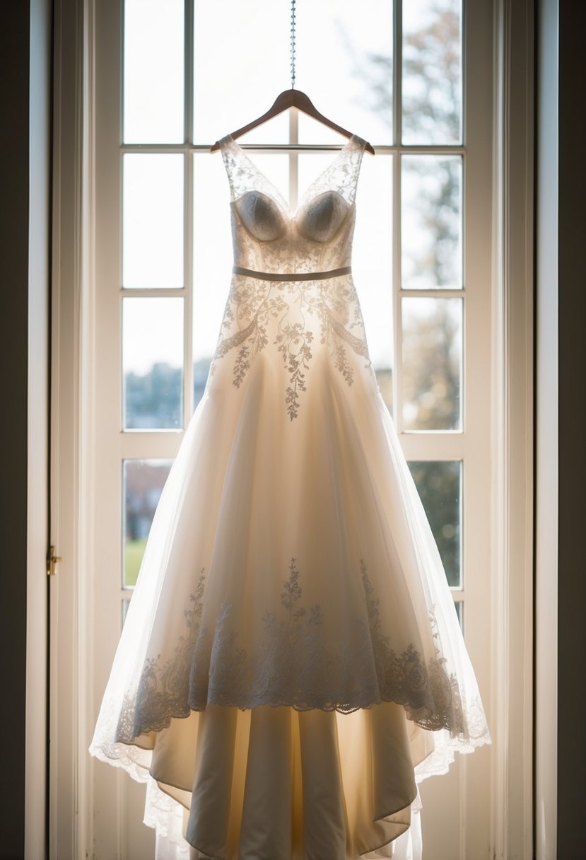 A soft, ethereal wedding dress suspended in a beam of gentle, glowing light