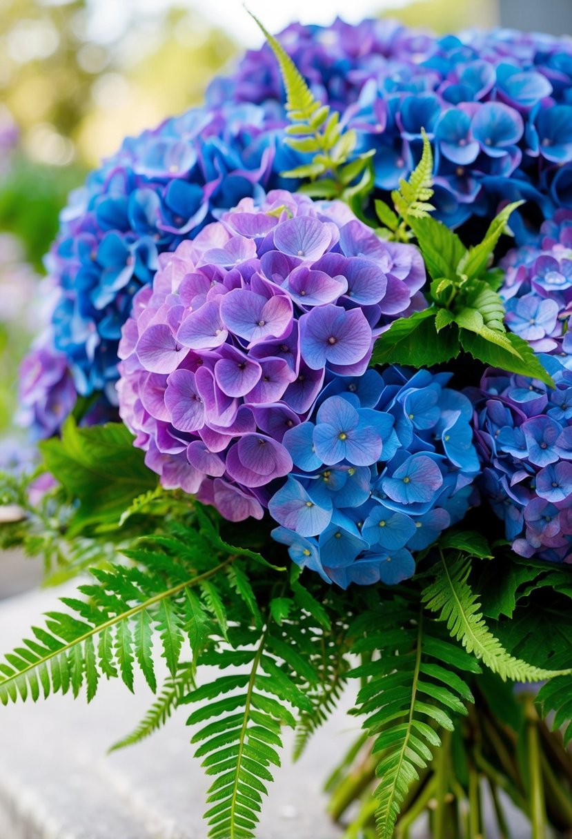 A bountiful bouquet of lush blue and purple hydrangeas intertwined with delicate green fern sprigs