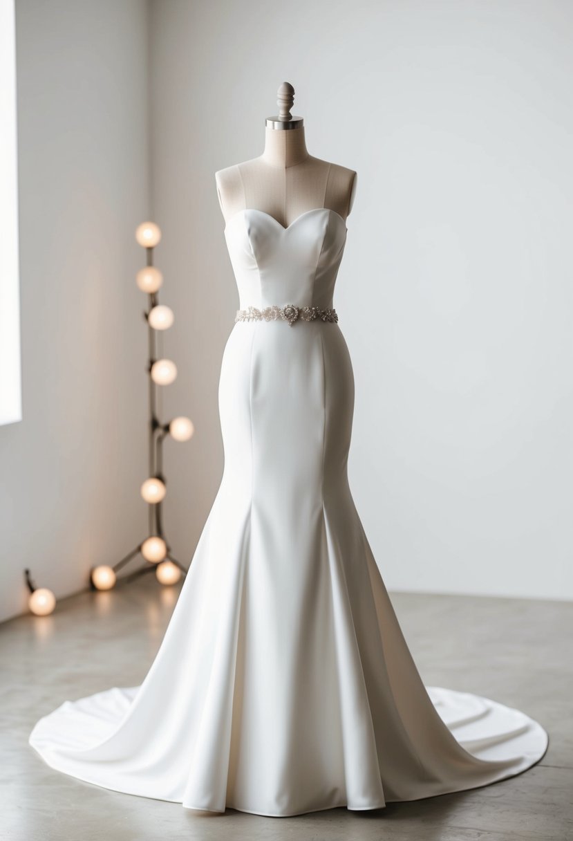 A sleek, strapless wedding dress with clean lines and modern details, set against a minimalist backdrop with soft lighting