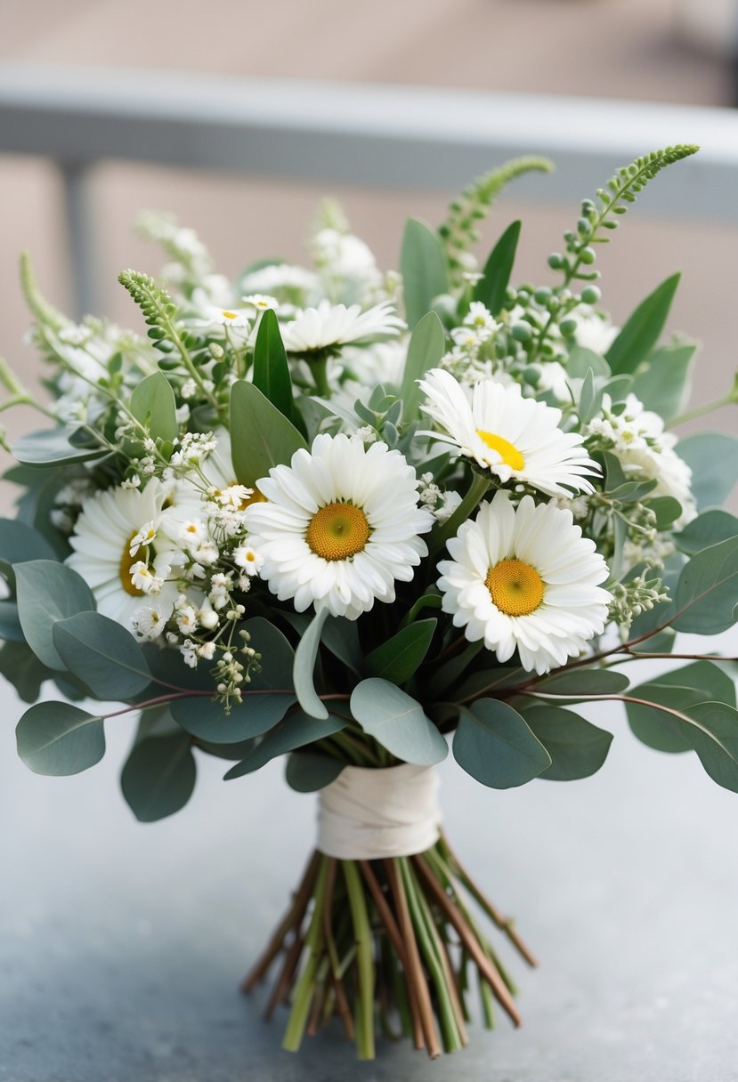 A white and green wedding bouquet of delicate daisies and eucalyptus, arranged in a loose and natural style