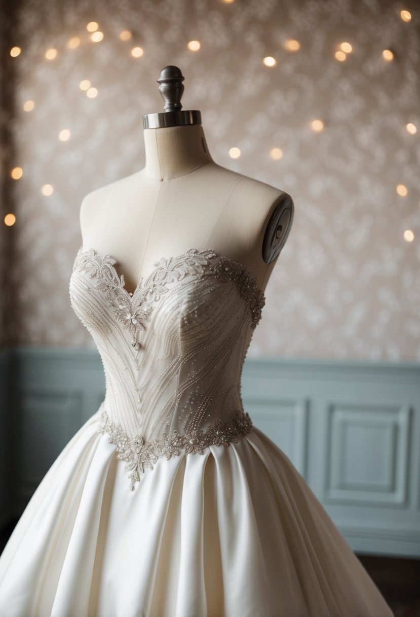 A strapless wedding dress with a unique neckline featuring intricate lace and beading details, flowing into a full, elegant skirt