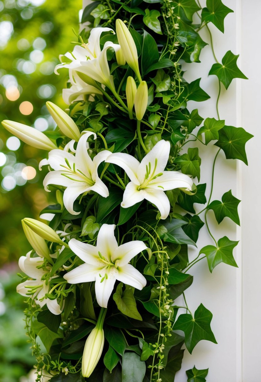 A lush bouquet of white lilies and ivy trails, intertwined with delicate greenery, symbolizing purity and eternal love