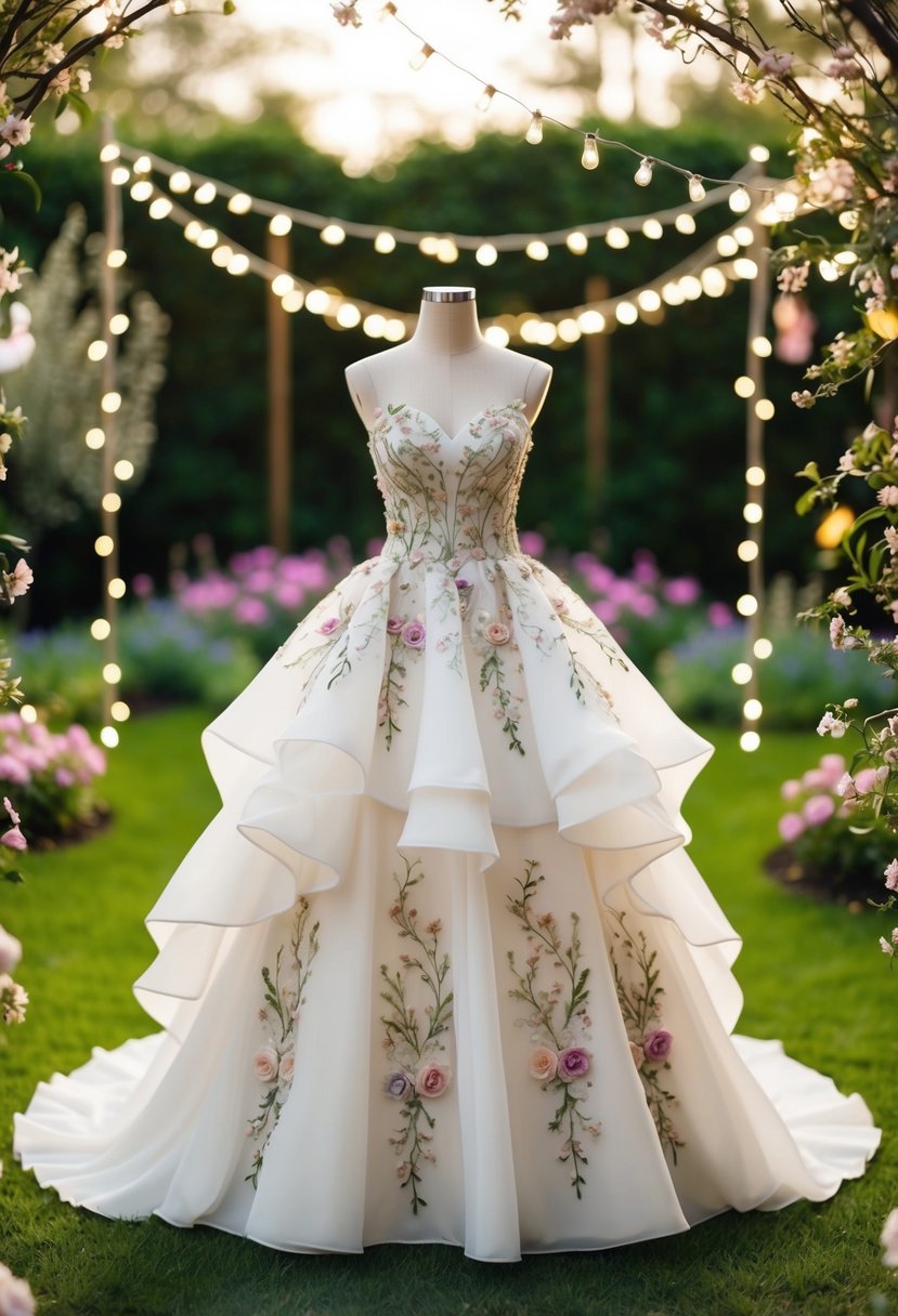 A whimsical garden fairy tale wedding dress with floral embroidery and flowing layers, set in a magical garden with sparkling fairy lights and blooming flowers