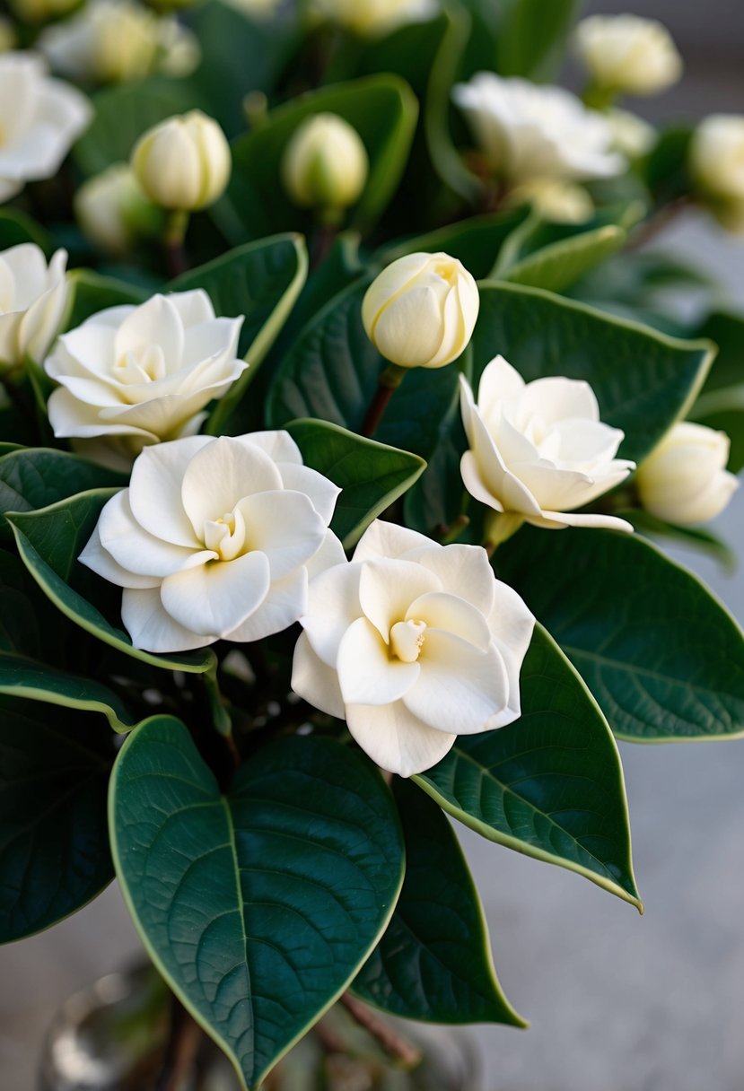 A bouquet of fragrant white gardenias intertwined with soft, velvety green lamb's ear leaves