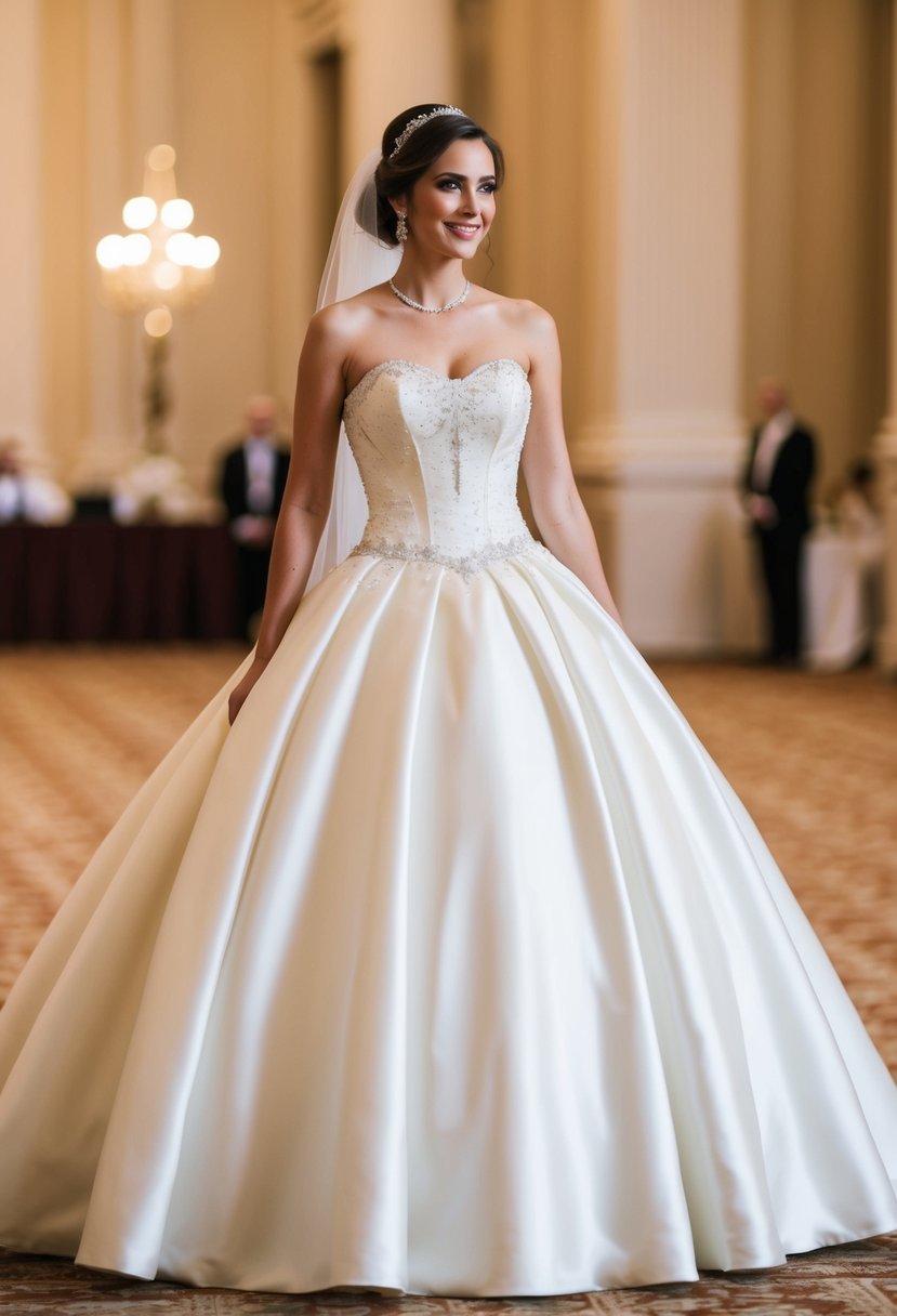 A bride stands in a grand ballroom, wearing a strapless satin wedding dress with a full ball skirt. The dress is adorned with delicate lace and intricate beading, creating a timeless and elegant look