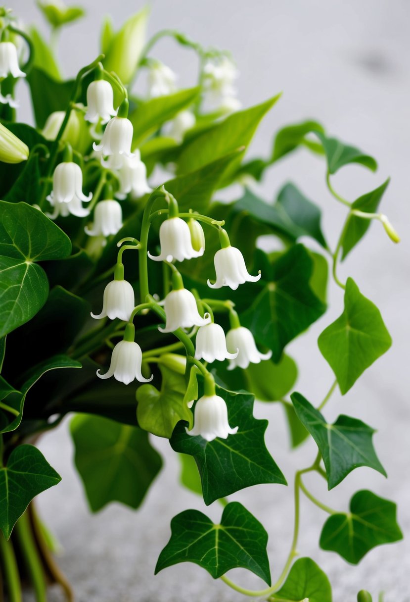 A delicate bouquet of white Lily of the Valley and vibrant green Ivy, arranged in a flowing, organic style