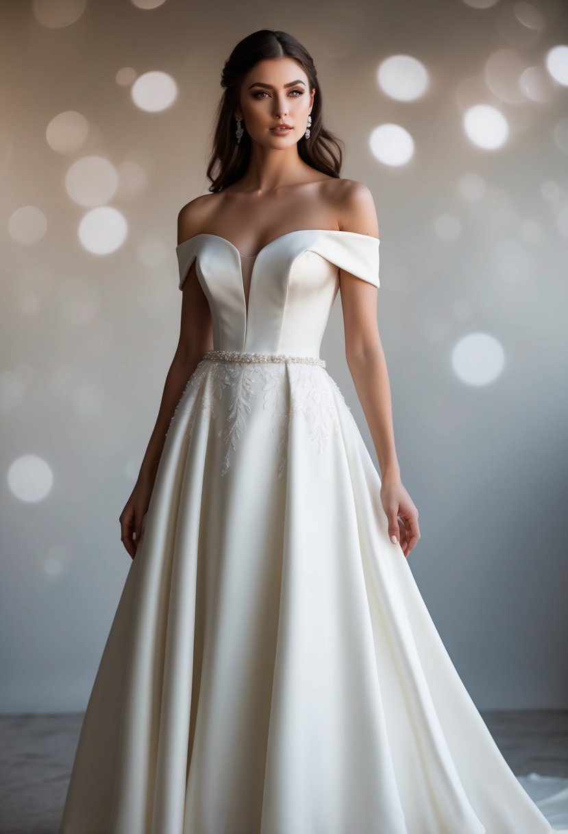 An off-shoulder wedding dress with a flowing transition from the bodice to the skirt, featuring elegant details and a strapless neckline