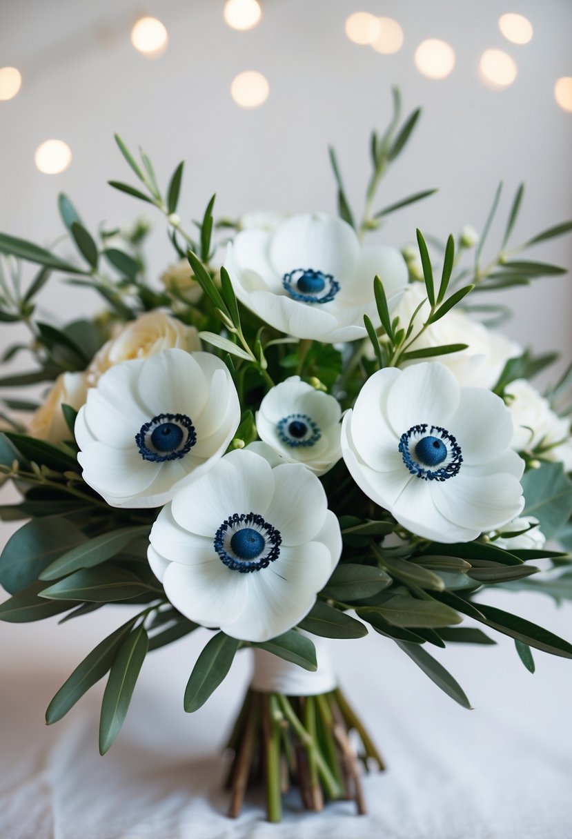 A delicate bouquet of white anemones with accents of olive branches, creating a serene and elegant wedding arrangement