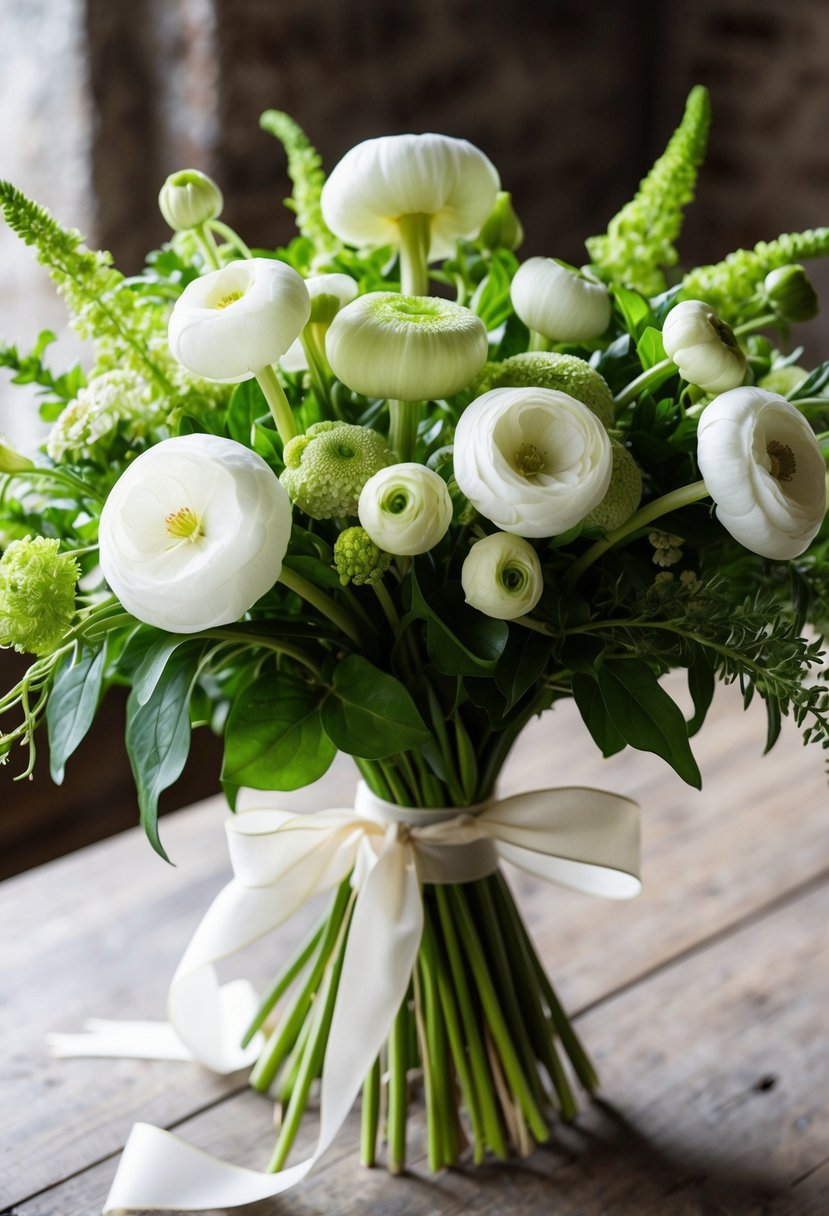 A lush bouquet of white ranunculus and green amaranthus, tied with a flowing ribbon, sits on a rustic wooden table