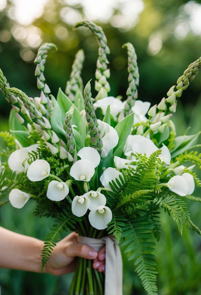 A lush bouquet of sweet peas and asparagus fern, with delicate white and green hues, arranged in a rustic, hand-tied style