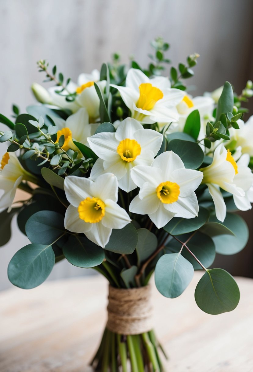 A white daffodil and eucalyptus wedding bouquet, with delicate white petals and fresh green leaves, arranged in a rustic, elegant style