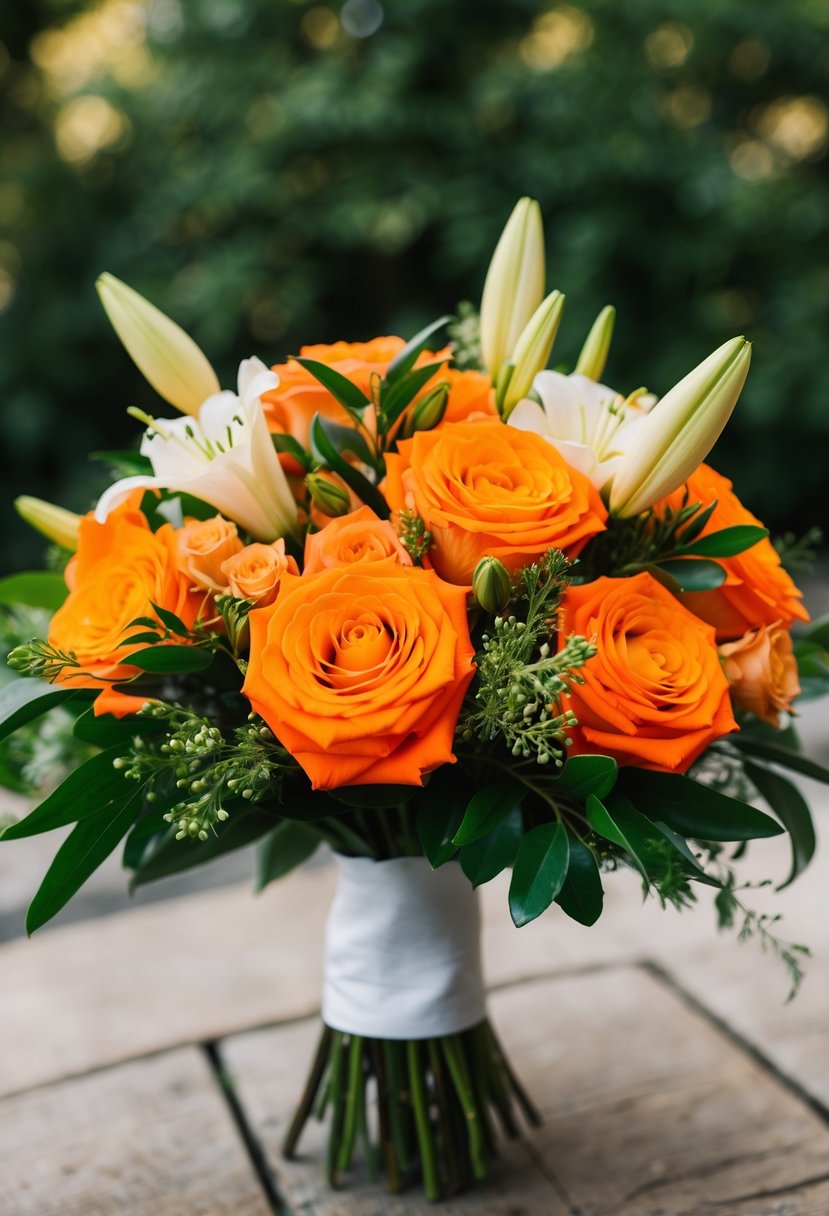 A vibrant orange wedding bouquet with roses, lilies, and greenery