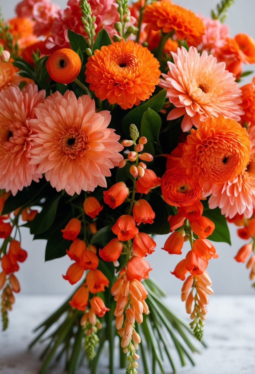 A vibrant bouquet of cascading orange and coral flowers