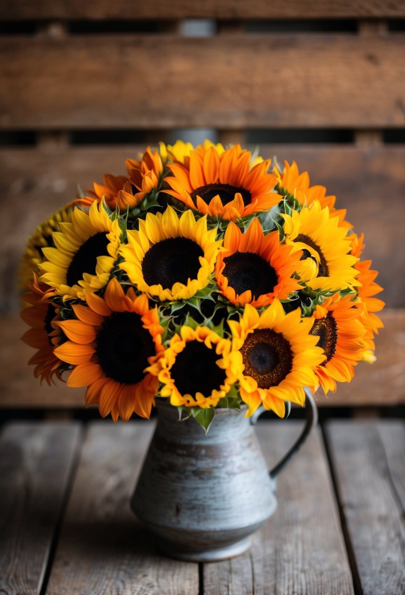 A vibrant bouquet of burnt orange and yellow sunflowers arranged in a rustic vase