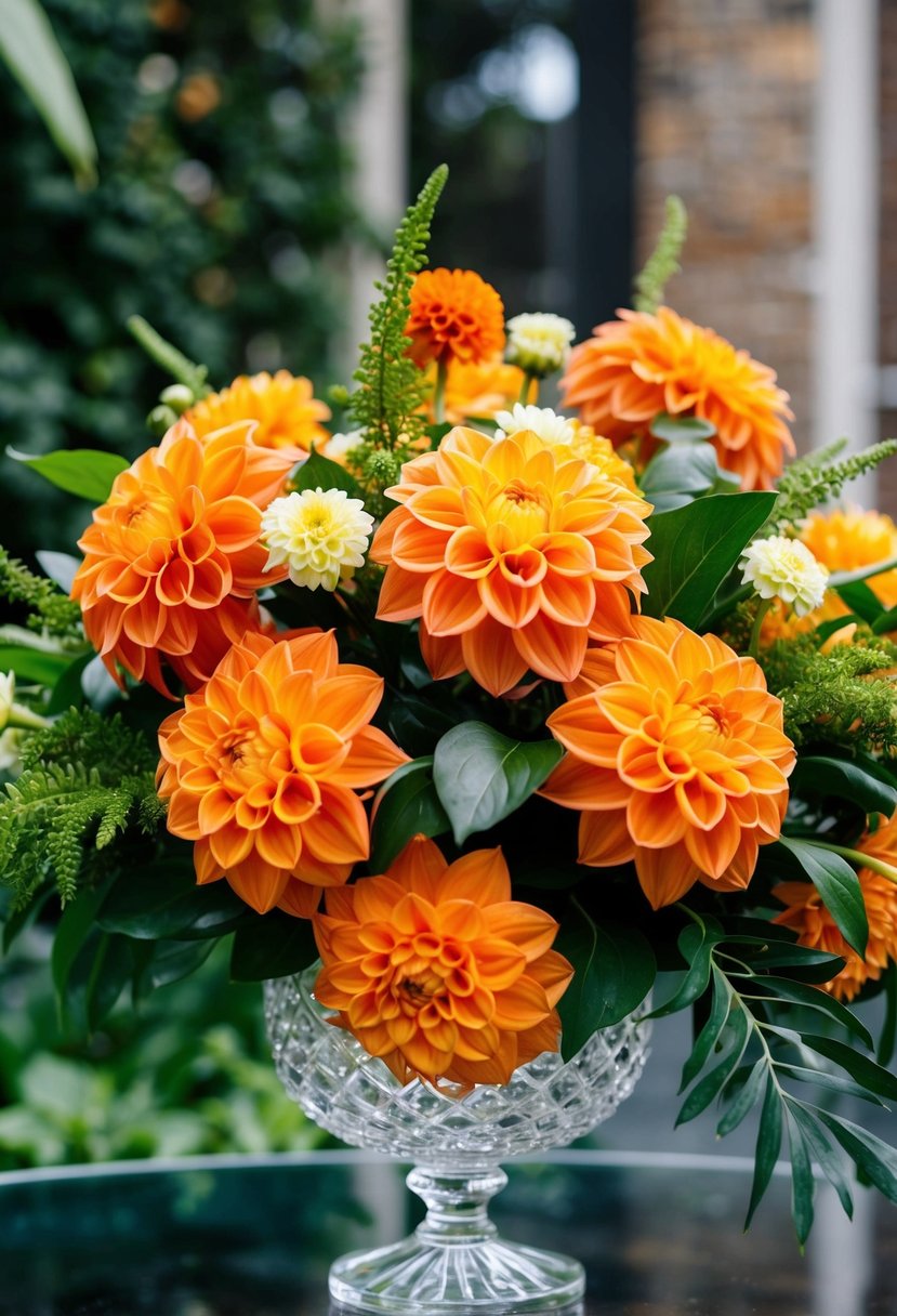 A vibrant orange dahlia bouquet sits in a crystal vase, surrounded by lush green foliage