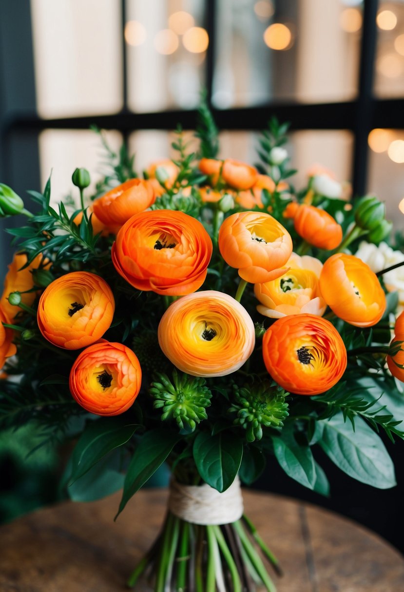 A vibrant orange ranunculus bouquet with lush greenery