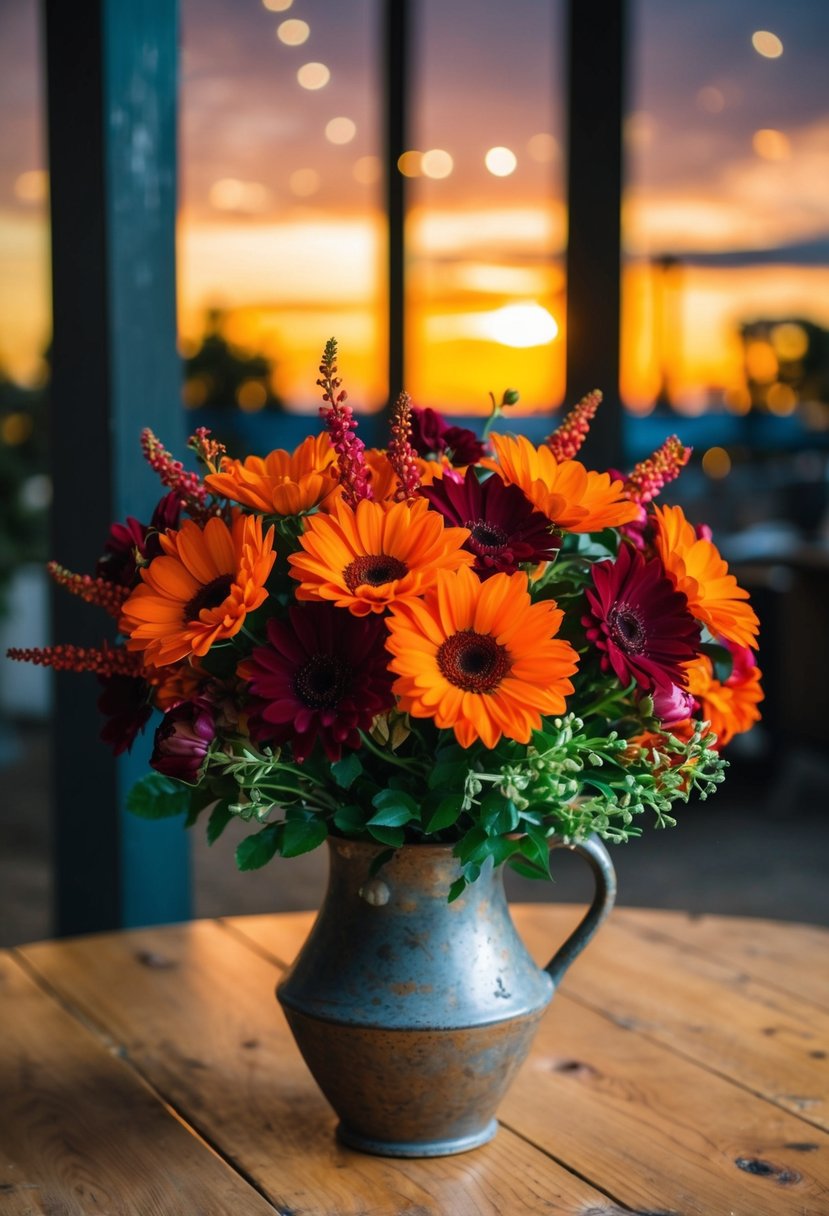 A vibrant bouquet of sunset orange and burgundy flowers in a rustic vase on a wooden table