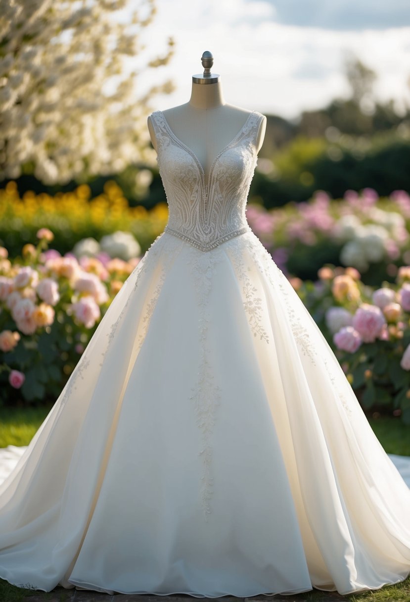 A voluminous white wedding dress adorned with delicate lace and intricate beading, set against a dreamy backdrop of blooming garden flowers